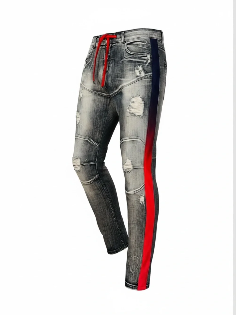 Focus NWOT Slim Fit Blue Distressed Jeans with Red & Purple Stripe - Picture 4 of 13